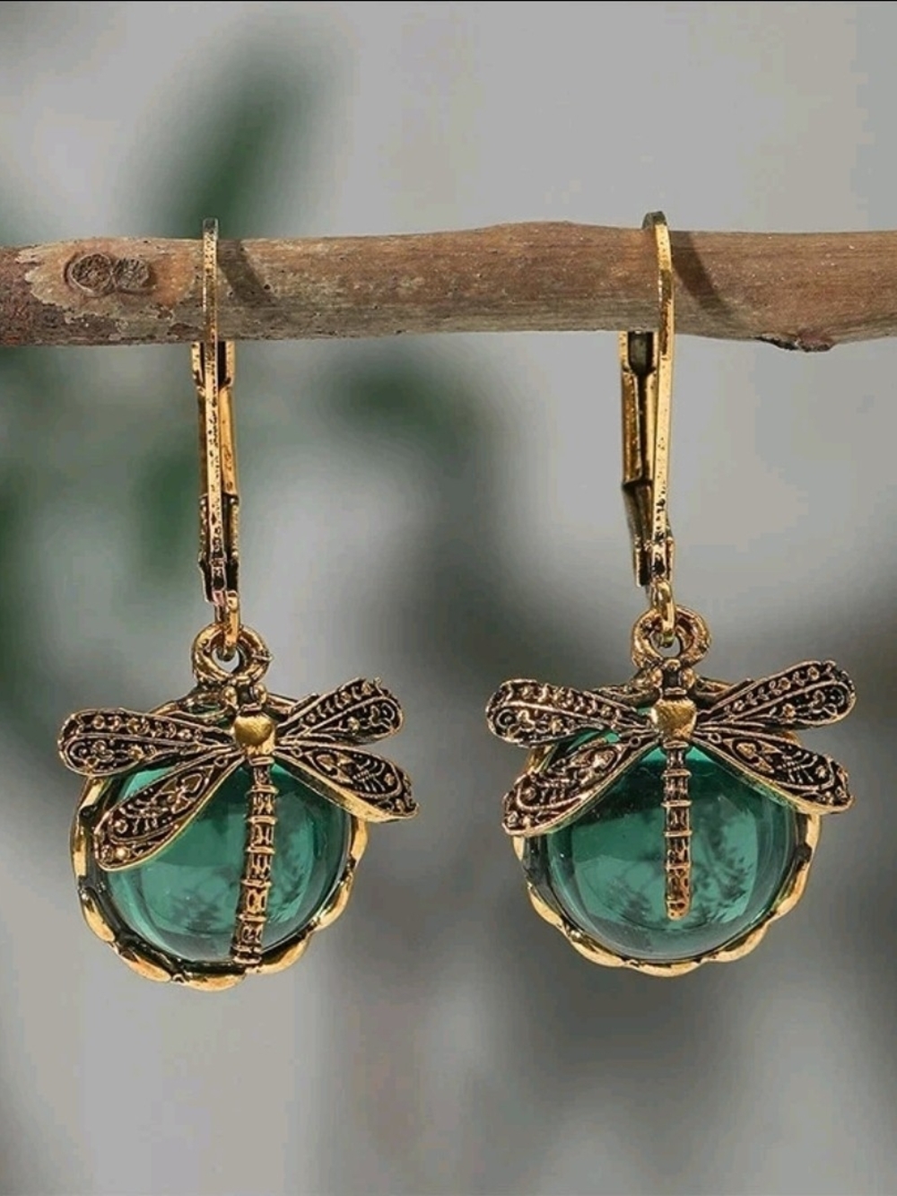 Gold Dragonfly Emerald Glass Drop Earrings - Women Jewelry